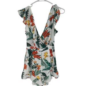 Prettylittlething Womens Tropical Paradise Tie Romper V Neck Green‎ White Size 2